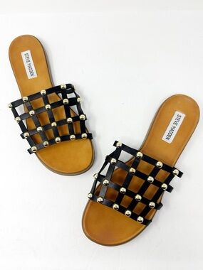 Steve Madden Beil Caged Studded Slip On Sandals Black Gold Size 9.5